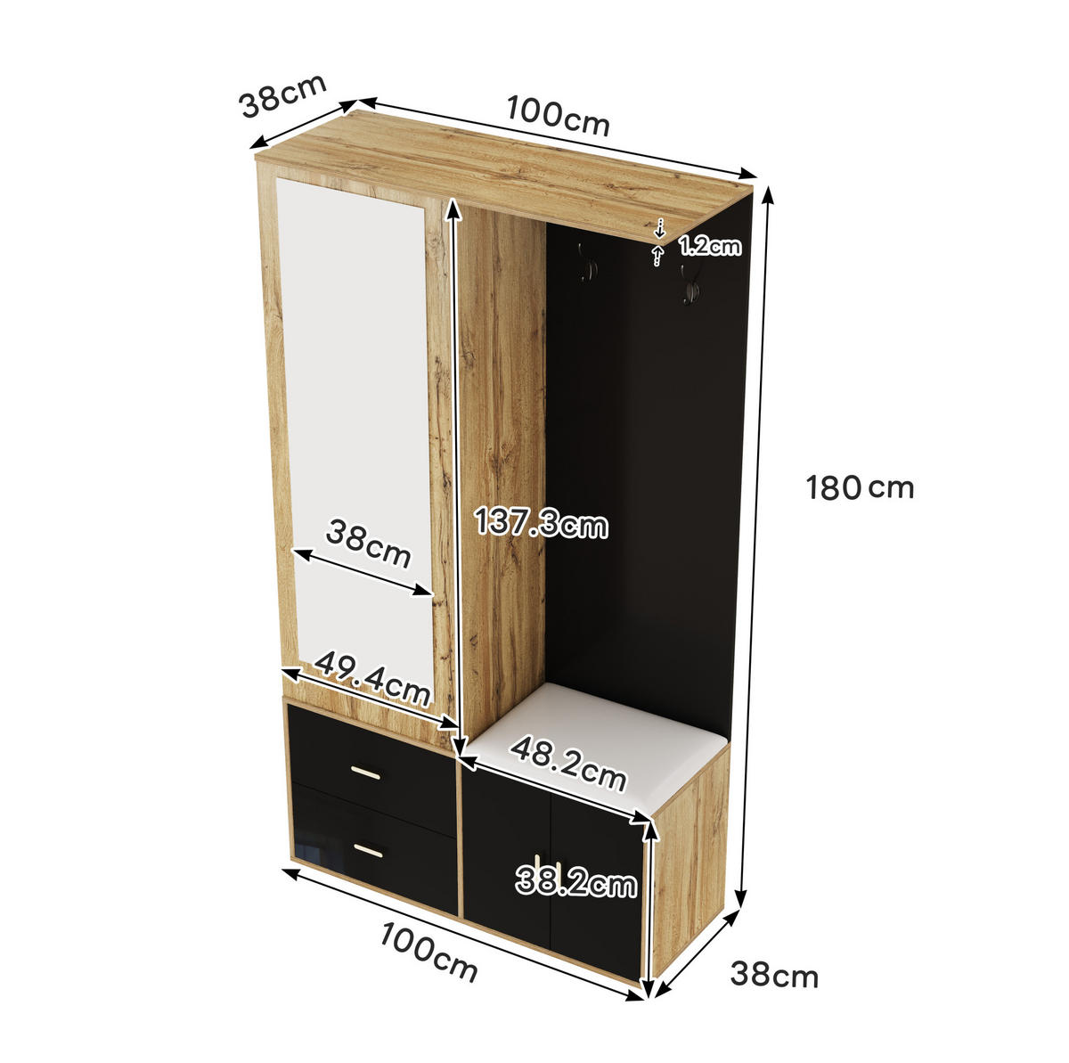 SCHUHSCHRANK aus Spanplatte 100x38x180cm in Schwarz & Natur mit Spiegel - Naturfarben, Holzwerkstoff (100/180/38cm) - Modfu