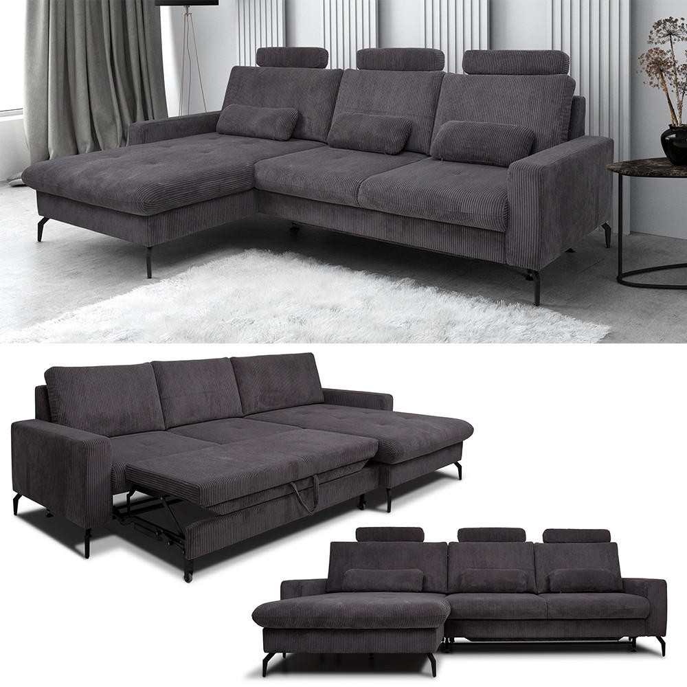 SOFA L FORM Beata Anthrazit 302 x 180 cm mit Bettkasten - Anthrazit, Textil (302/180cm) - VitaliSpa