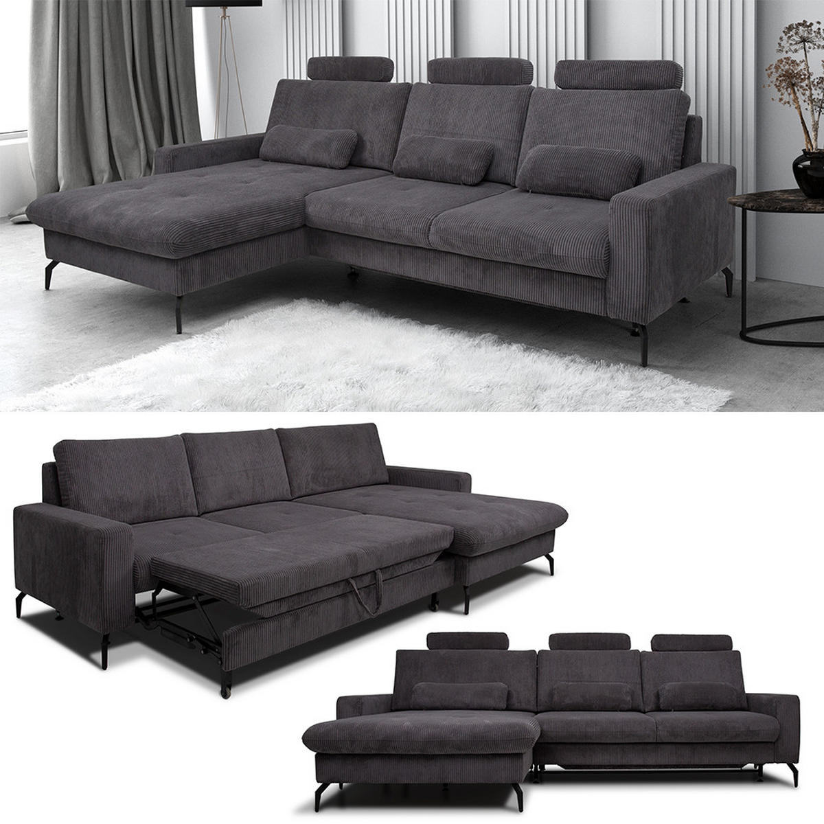 SOFA L FORM Beata Anthrazit 302 x 180 cm mit Bettkasten - Anthrazit, Textil (302/180cm) - VitaliSpa