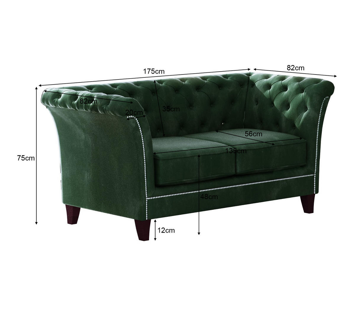 CHESTERFIELD-SOFA 2-Sitzer Fusion Grün Samt - Smaragdgrün/Braun, Holz/Textil (175/75/82cm) - S-Style Möbel