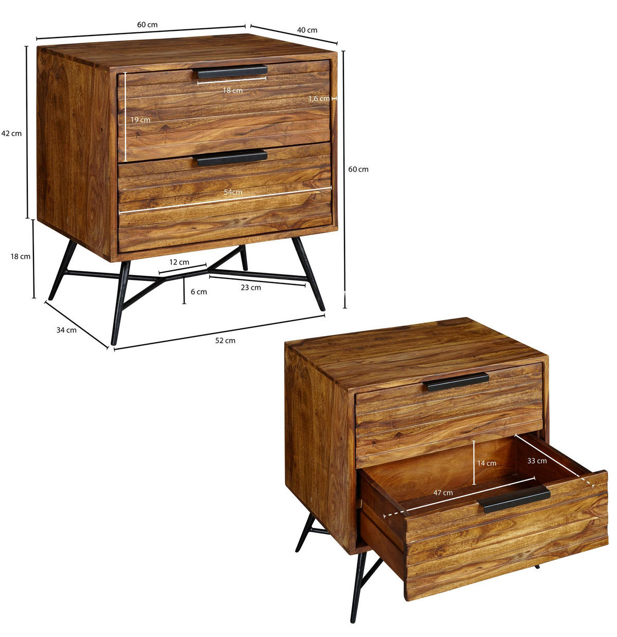NACHTTISCH – Massivholz/Metall, große Schubladen, Industrial-Stil - Schwarz/Braun, Holz/Metall (60/60/40cm) - KADIMA DESIGN