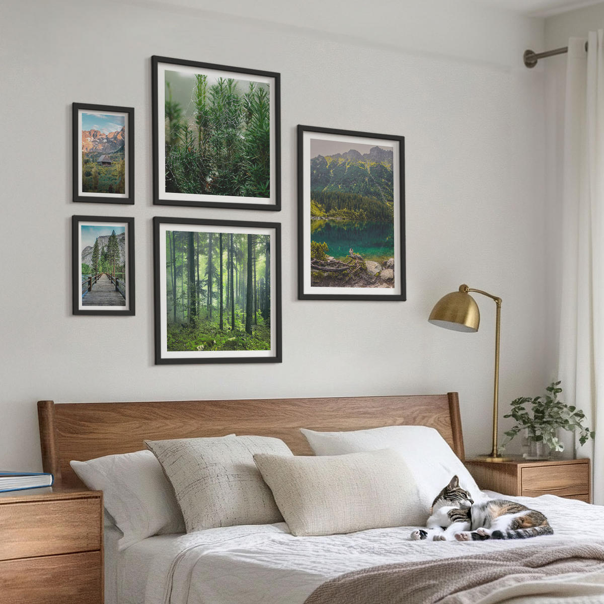 BILDER SET 5er Set - 50x50 cm & 20x30 cm & 40x60 cm Schwarzer Rahmen - Minimalistische Pflanzenzeichnungen - Schwarz, Kunststoff (40/60cm) - TULUP
