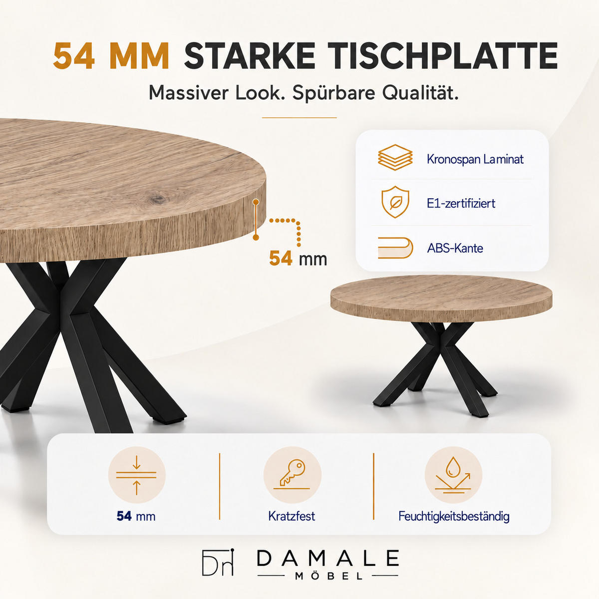 ESSTISCH rund ausziehbar 110/210/76 cm, Halifax Egger, 54 cm Tischplatte + X Metallbeine Schwarz - Eichefarben/Schwarz, Holzwerkstoff/Metall (110/210/76cm) - Damale Möbel