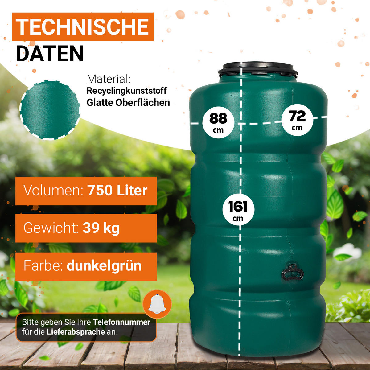 GARTENTANK Regentonne 750 L, dunkelgrün inkl. Klarsichtschlauch - Grün, Kunststoff (72/161/88cm) - GARANTIA