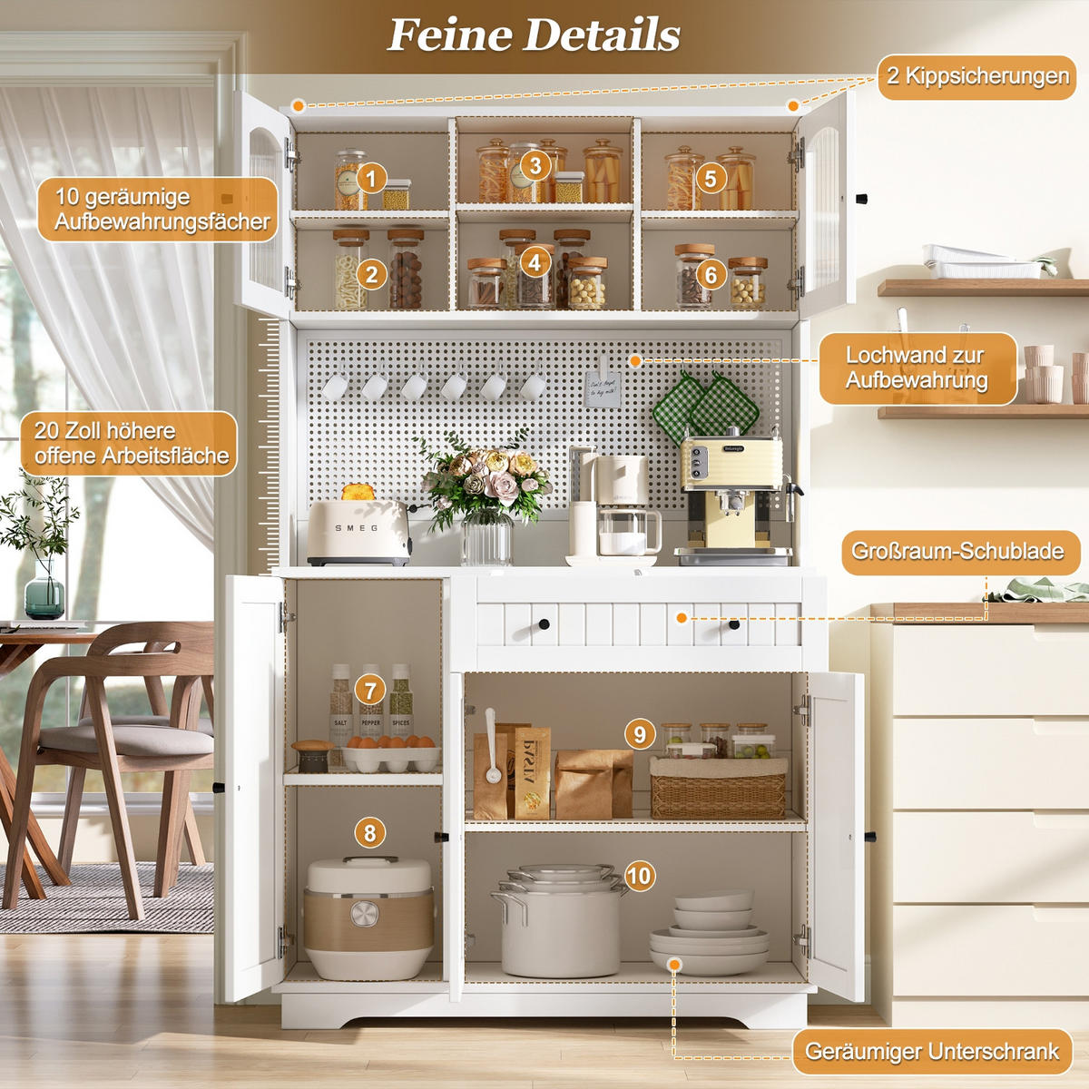 KÜCHENSCHRANK103,5/180/40 cm, Spanplatte, Weiß, VERSTELLBARE EINLEGEBÖDEN, Hochschrank mit Lochblech für Küche und Esszimmer - Weiß, Holzwerkstoff (40/180/103.5cm) - Rolipo