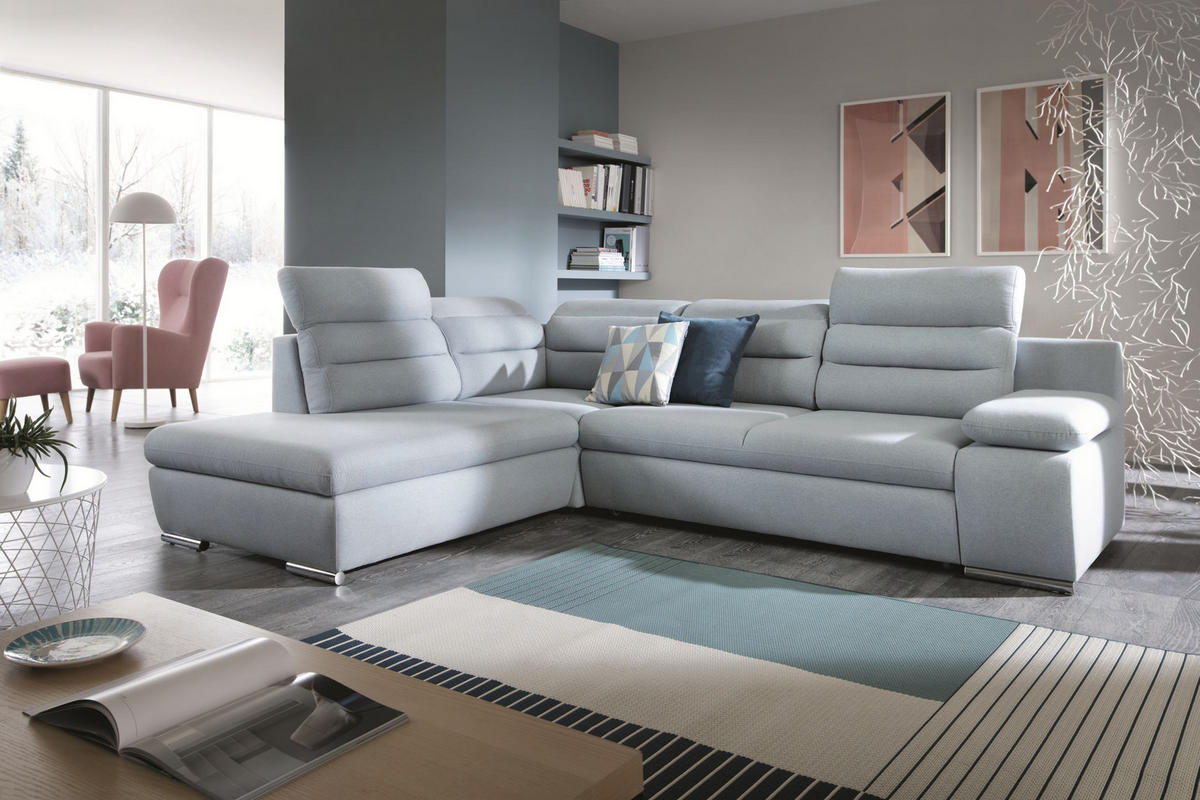 ECKSOFA RISO Blau Velours-Stoff mit Schlaffunktion - Blau, Holz (280/230cm) - MASSENO