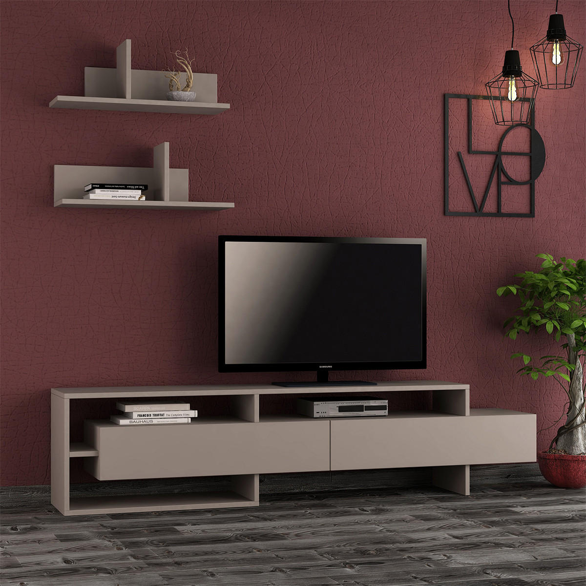 TV-MÖBEL mit 2 Türen und 2 Wandregalen L180 cm - Gara - Taupe, Holzwerkstoff (32/42/10cm) - Calicosy
