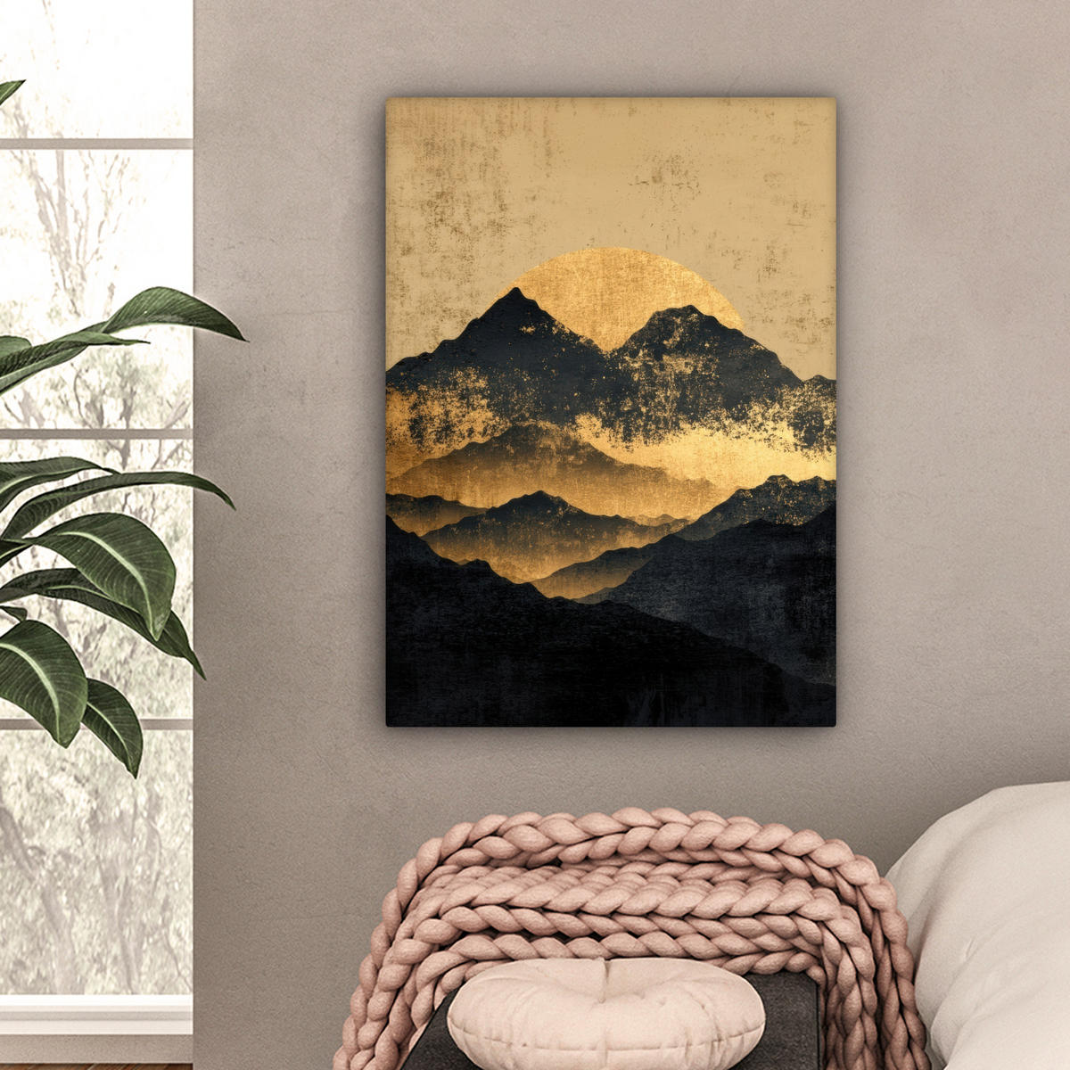 LEINWANDBILD Goldene Berge bei Mondschein Wandbild Wohnzimmer 60x80 cm - Goldfarben, Textil (60/80cm) - MuchoWow