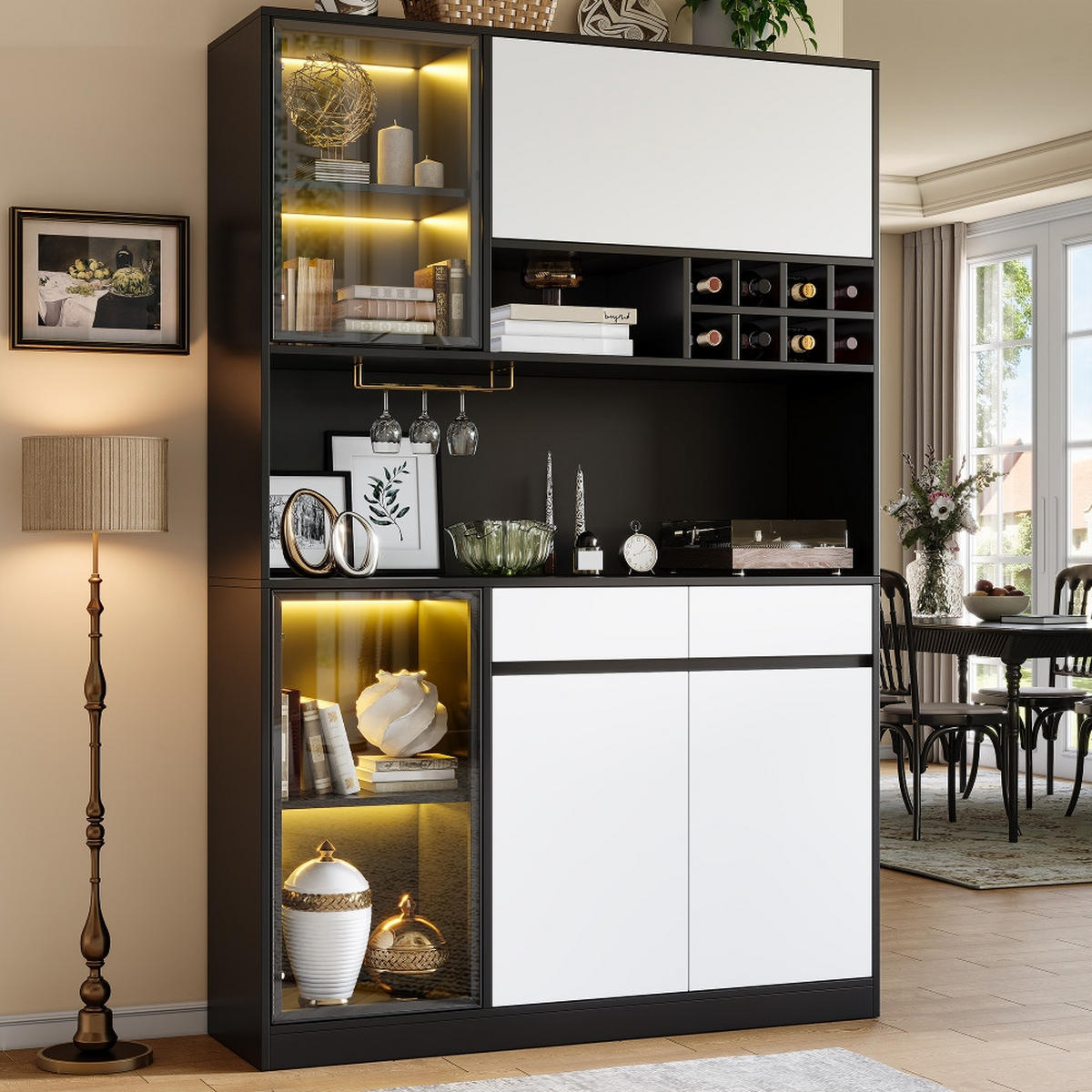KÜCHENSCHRANK, MIT LED-BELEUCHTUNG, INTEGRIERTES WEINREGAL, MDF, Schwarz-Weiß, Modernes Wohnzimmer, 120/180/35 cm - Schwarz, Kunststoff (35/180/120cm) - Rolipo