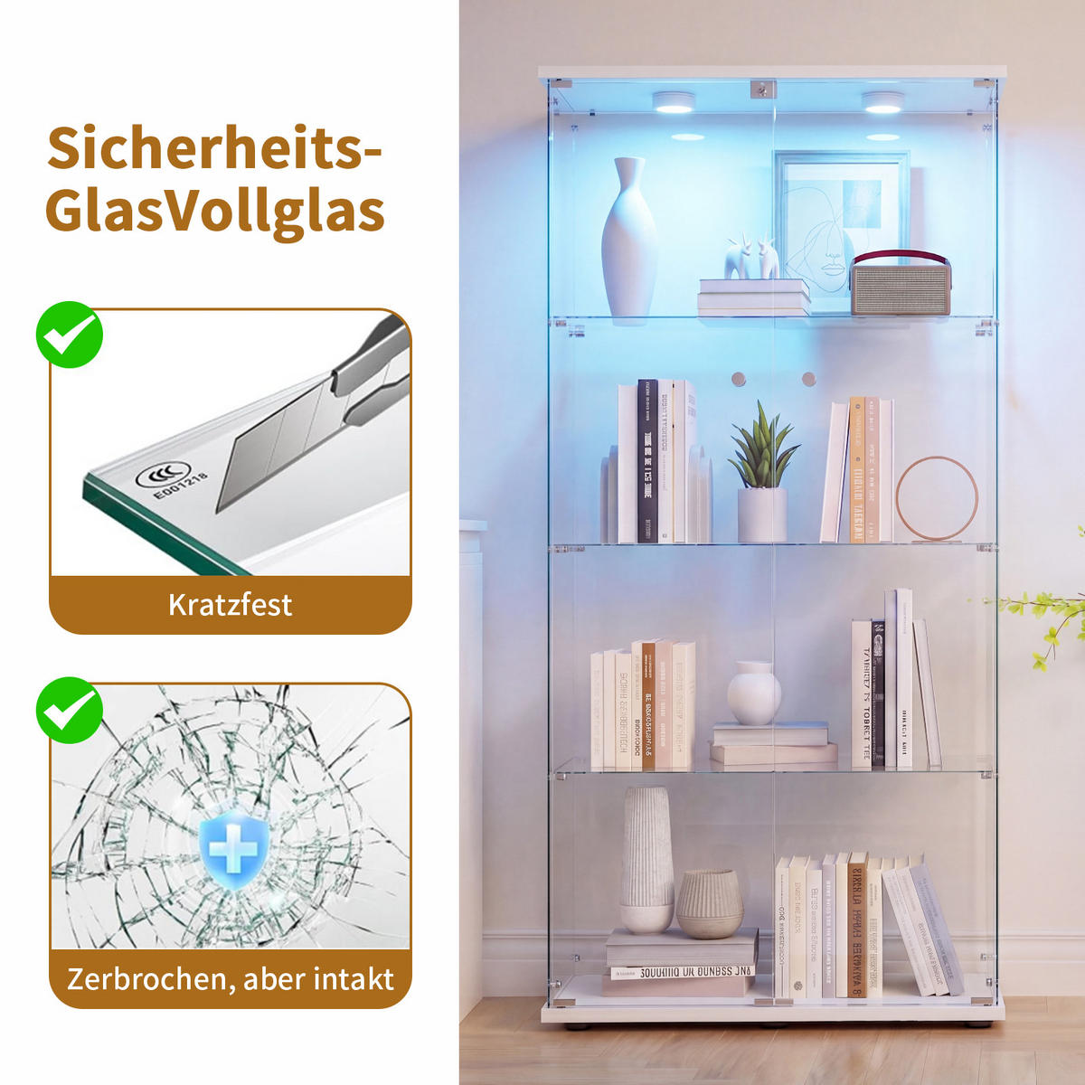 GLASVITRINE LED Weiß mit 2 Tür 4 Etagen mit Schloss,80.49x36.49x163.9cm - Weiß, Glas (36.49/163.9/80.49cm) - BPKADHY