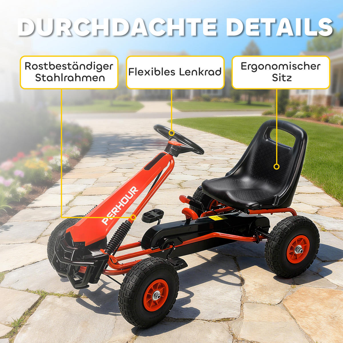 GOKART, šlapací autíčko s ruční brzdou, nastavitelným sedadlem, jízdou vpřed a vzad - červená, kov (110/61/62cm) - AIYAPLAY