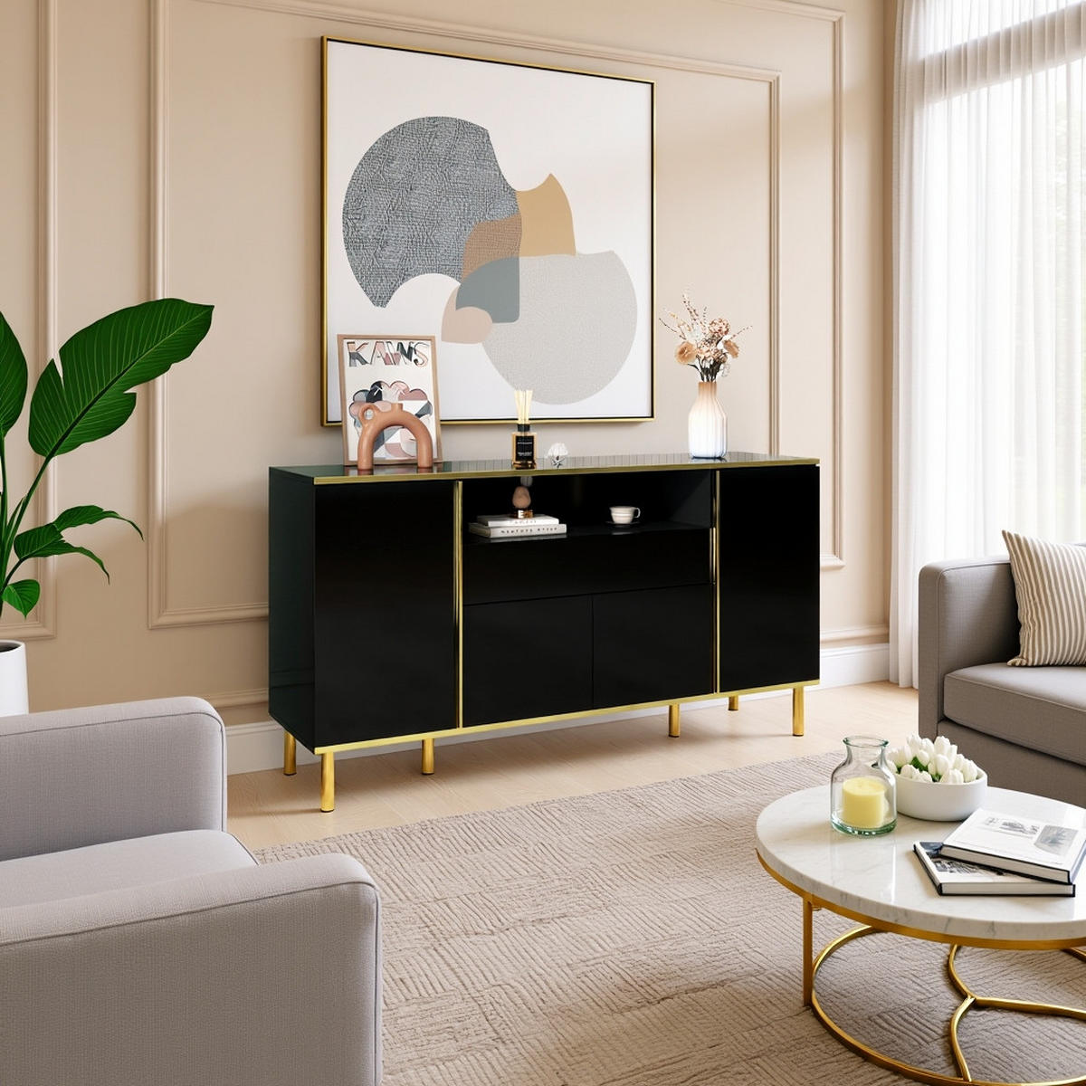 BUFFETSCHRANK mit LED-Beleuchtung und goldenen Akzenten - Weiß, Holzwerkstoff (150/80/40cm) - Urban Meuble