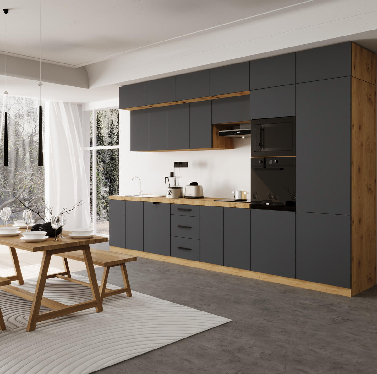 KÜCHENZEILE 400 cm - Langen KL9-M400 in Grau/Matt - Grau, Holz (400/248/58cm)