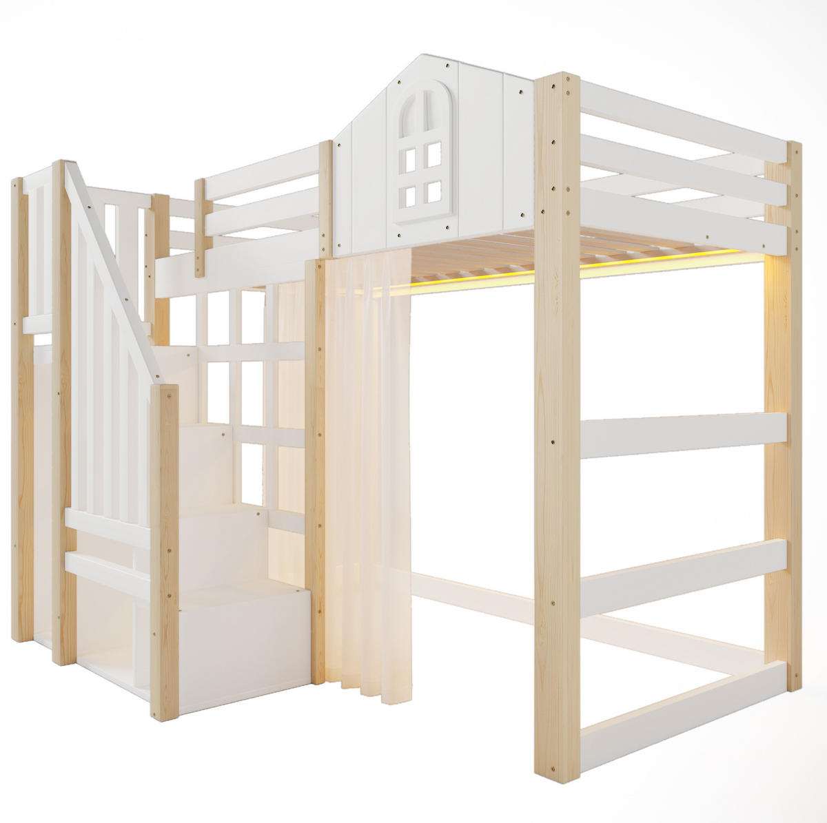 HOCHBETT 90/200 cm aus Kiefer und MDF mit LED-Beleuchtung, Ablageleiter und Gaze Weiß/Natur - Weiß, Holz (90/200cm) - Modenvie