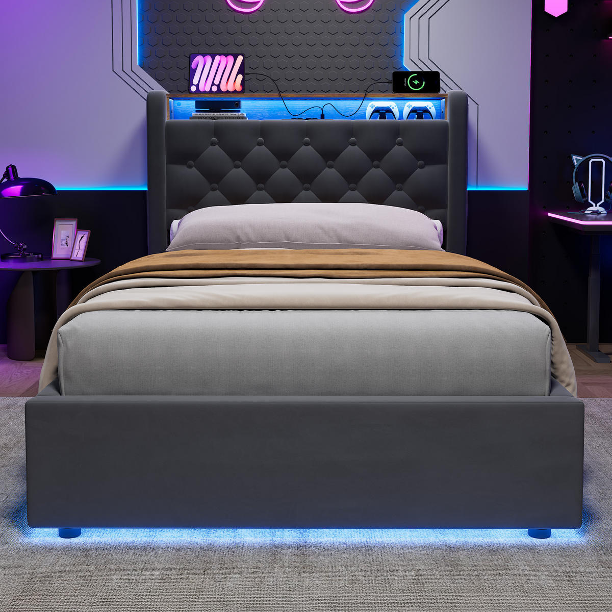 POLSTERBETT 90/190 cm in Dunkelgrau Samt mit Bettkasten, LED-Beleuchtung und USB-Anschluss - Dunkelgrau, Holzwerkstoff/Textil (90/190cm) - CHICFURN