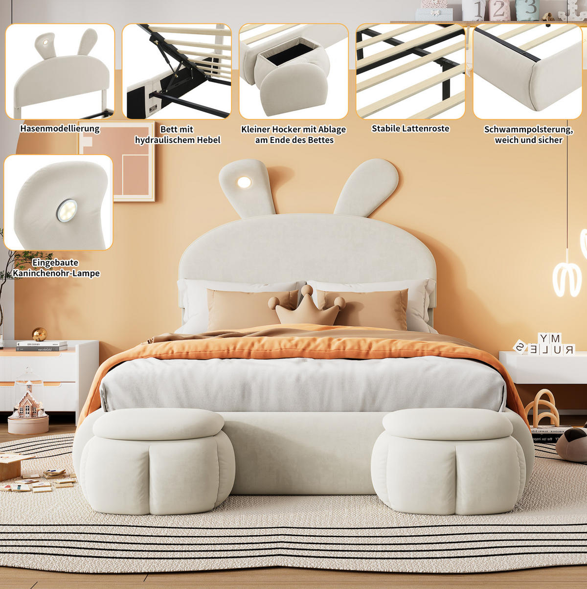POLSTERBETT 140/200 cm aus Samt mit LED-Hasenohren und Stauraum Beige - Weiß, Textil (140/200cm) - Modenvie