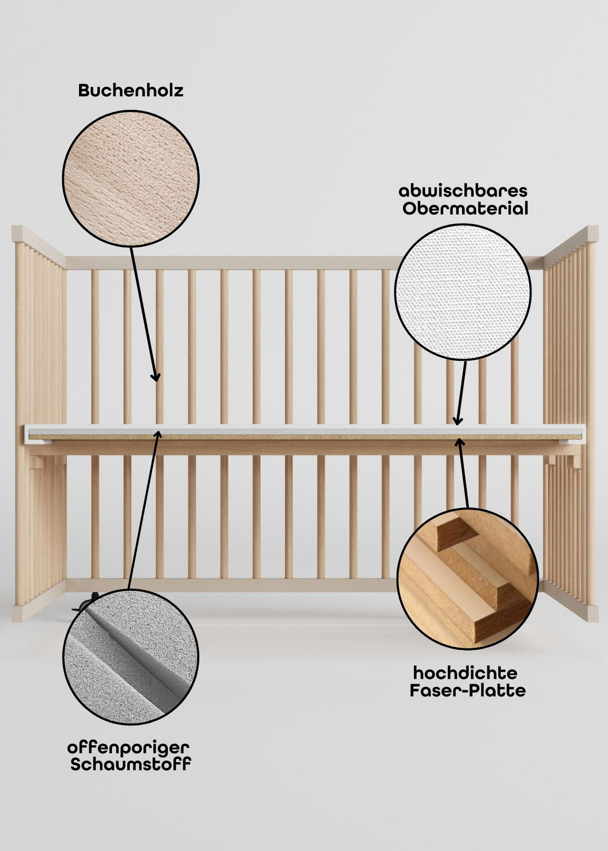 LAUFGITTER 75x100 cm mit Matratze Cloud Air - sahara dust/natur - Premium Kollektion - Sandfarben/Naturfarben, Holz (100/74/75cm) - Sämann – make a difference.