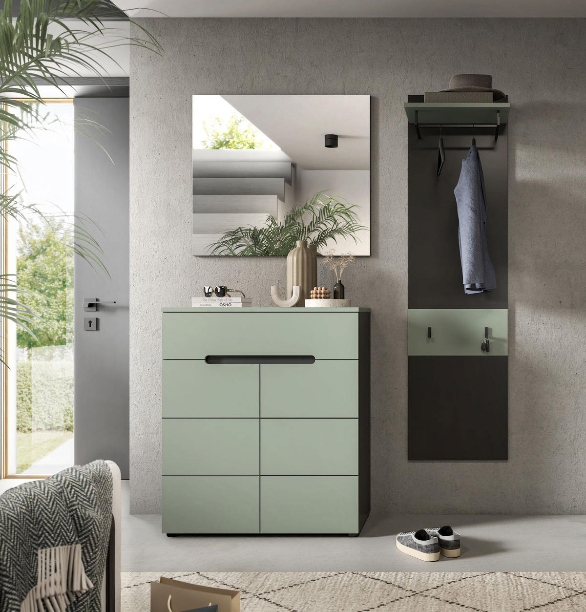 GARDEROBE Nova (B/H/T: ca. 140/190/37 cm) 3 tlg. in Basalt grau/Smoke Green - Grau, Holzwerkstoff (140/190/37cm)