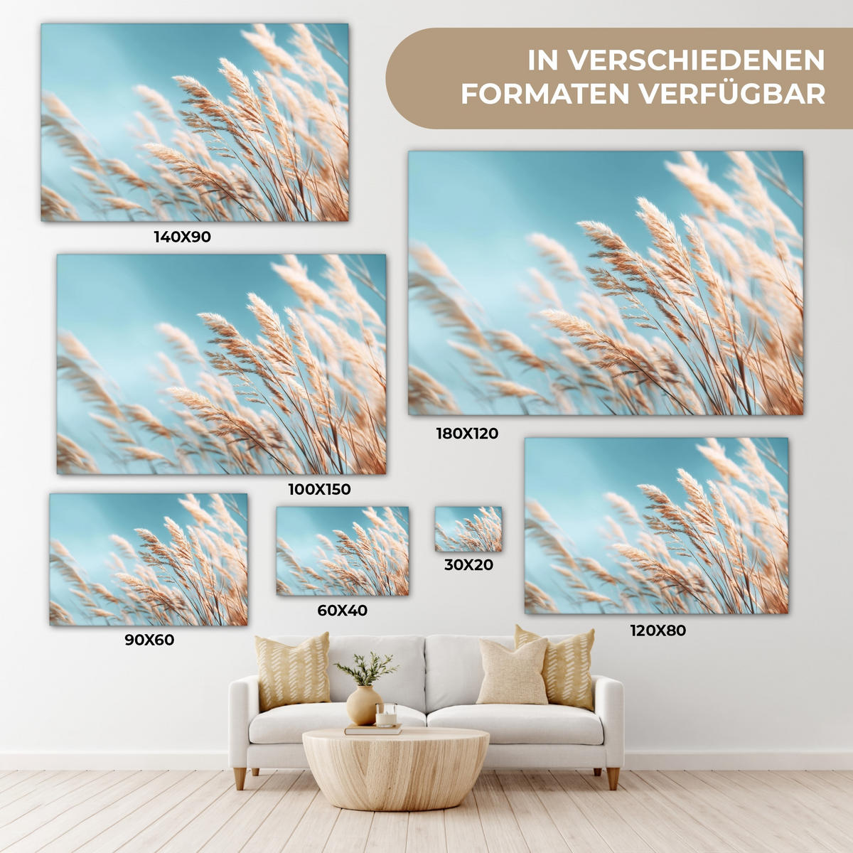 LEINWANDBILD Ziergras - Wind - Hellbraun Deko Schlafzimmer 30x20 cm - Hellblau, Textil (30/20cm) - MuchoWow