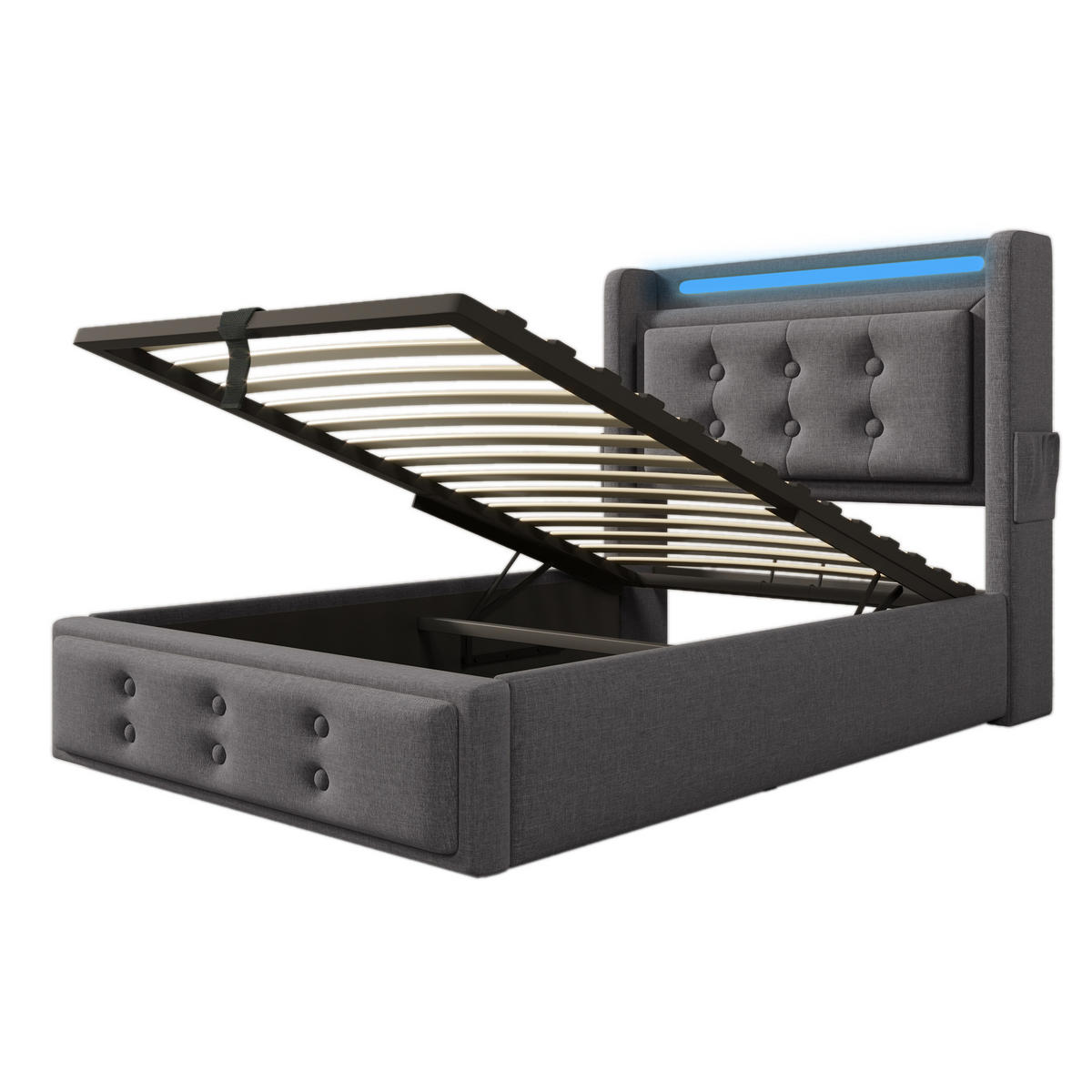 POLSTERBETT aus Baumwoll-Leinen 90x200 cm in Grau mit LED & Matratze - Grau, Textil (90/200cm) - Modfu