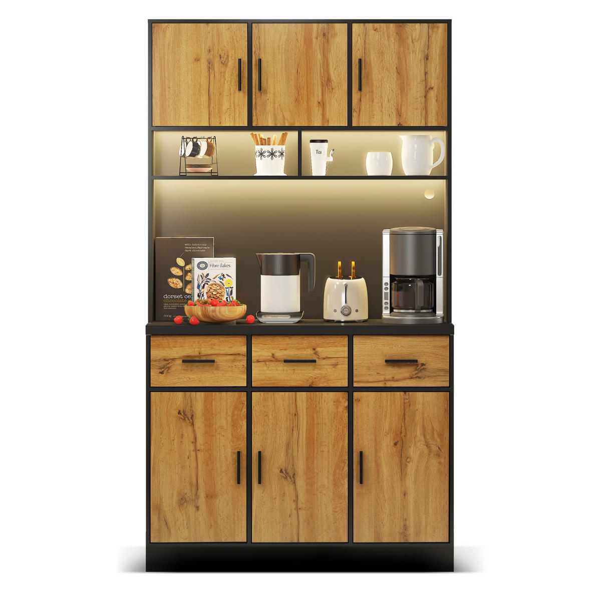 BUFFET 100/40/180 cm aus MDF mit LED-Beleuchtung und Steckdosenleiste Schwarz/Natur - Schwarz, Holzwerkstoff (100/180/40cm) - Modenvie