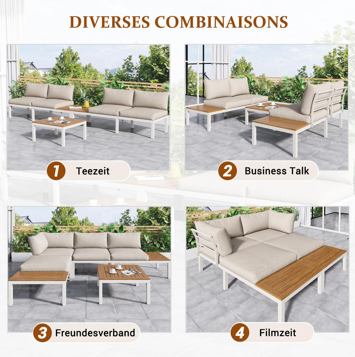 GARTENLOUNGE-SET mit Stahlgestell & Akazien-Optik, 2/ Sofa 120/60/66 cm, Beige - Beige, Metall - Redom