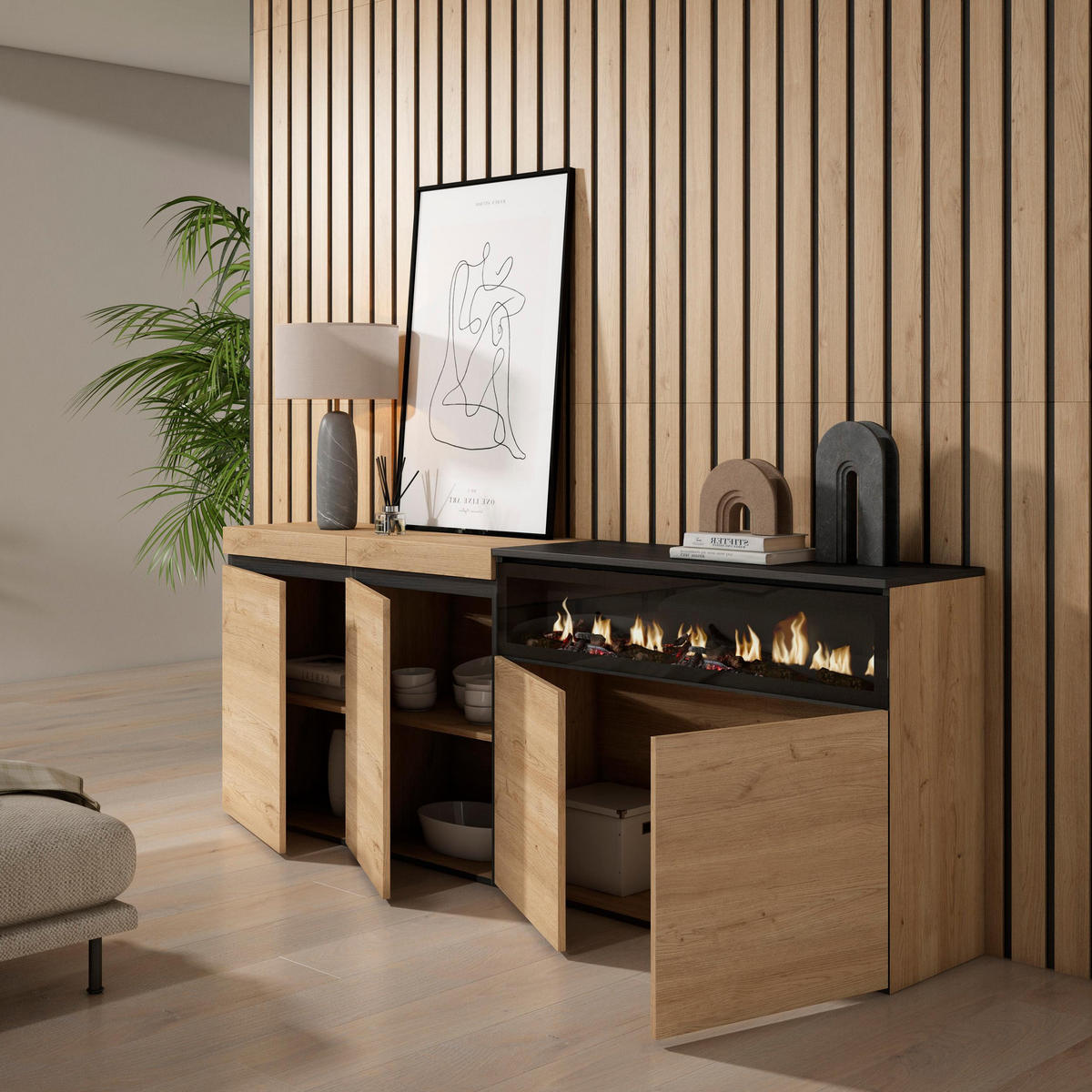 SIDEBOARD Elektrokamin, eiche, schwarz, 200/35/75cm - Multicolor, Holzwerkstoff (200/75/35cm) - Skraut Home