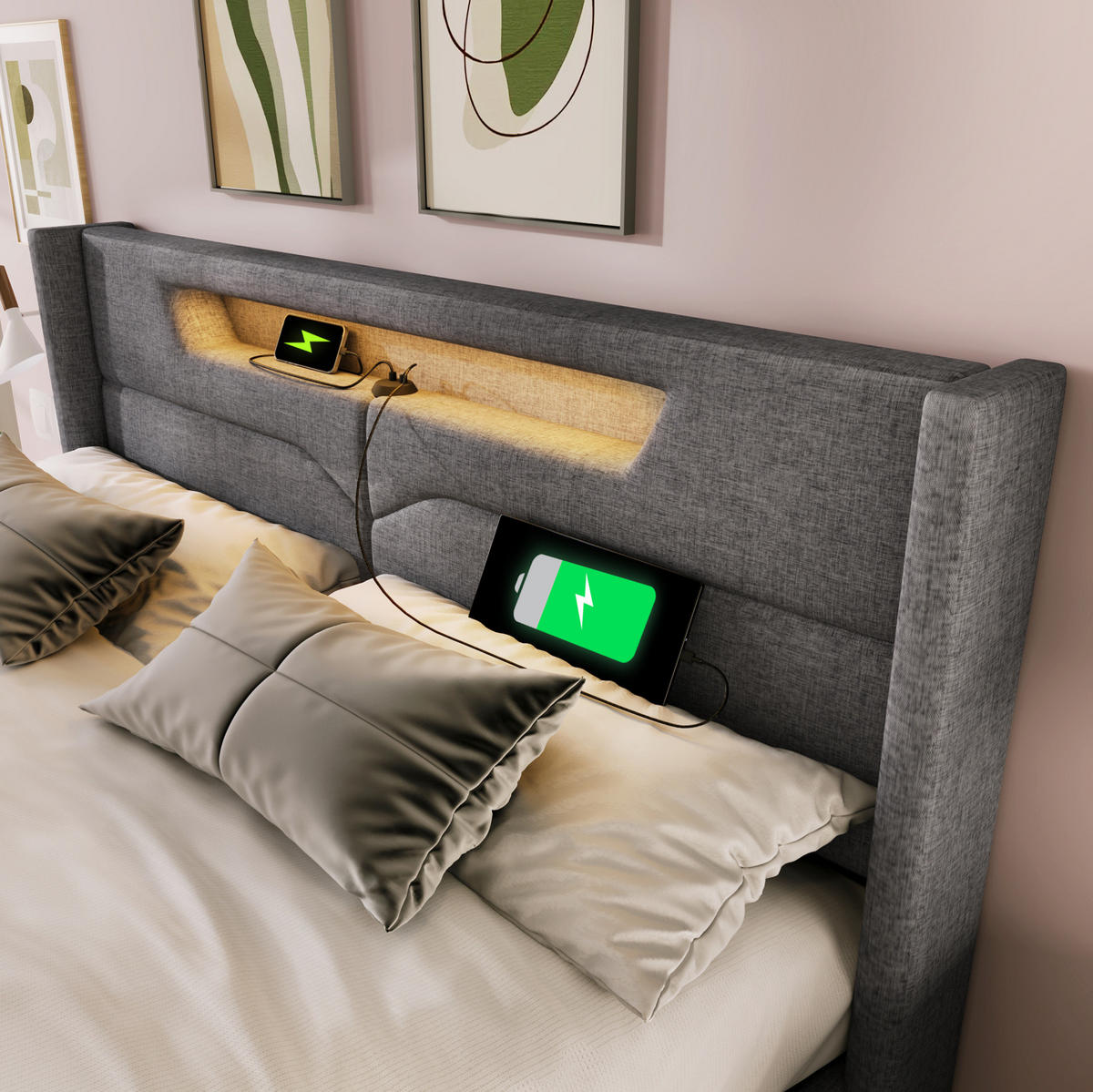 POLSTERBETT 160/200 cm Grau mit Stauraum, LED-Beleuchtung und USB- und Type-C-Anschlüssen - Grau, Textil (160/200cm) - Flora Grace