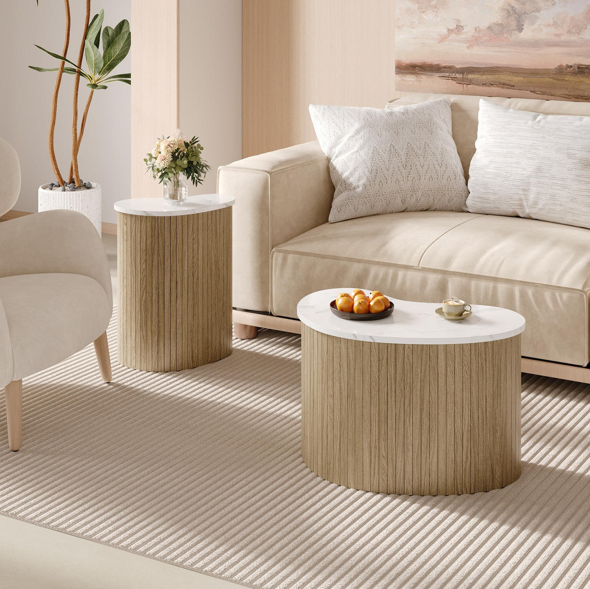 COUCHTISCH-SET aus MDF 60x37x38 cm und 40x25x50 cm Natur/Weiß im Marmor- und Holzdekor - Naturfarben, Holzwerkstoff (37/60/38cm) - IVMEU