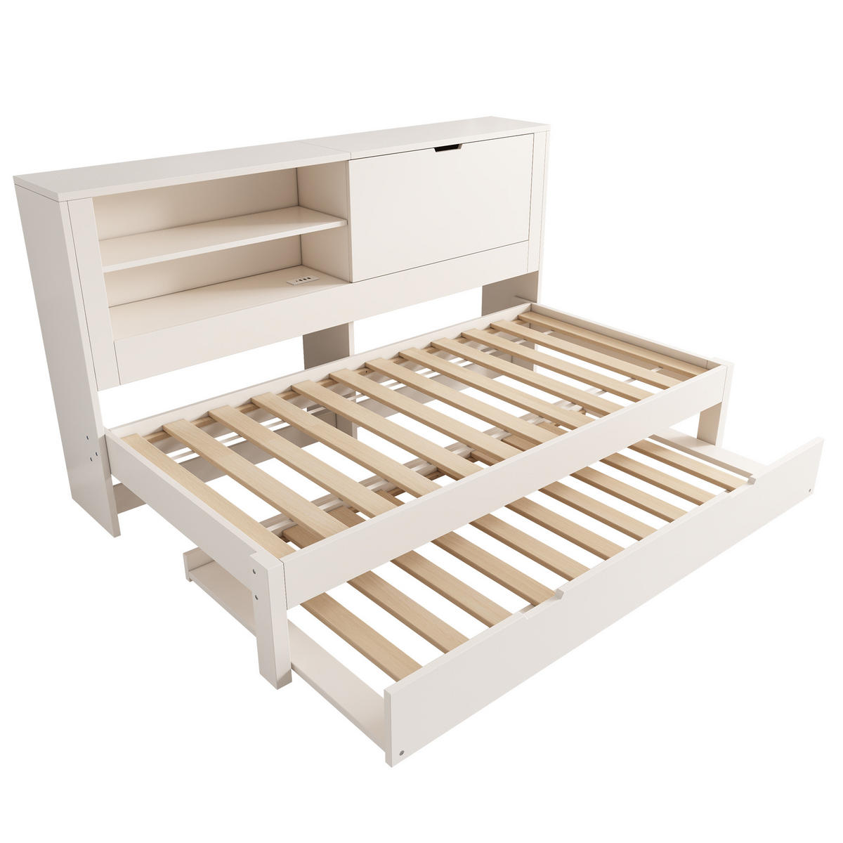 POLSTERBETT 90/200 cm mit Ausziehbett, Stauraum-Rückwand, USB- und USB-C-Anschluss, Holz, Weiß - Weiß, Textil (90/200cm) - Redom