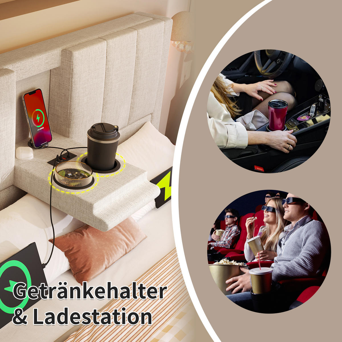 POLSTERBETT 160/200 cm Beige mit Stauraum und integrierter Ladestation mit Matratze aus Leinen - Beige, Textil (160/200cm) - OKWISH