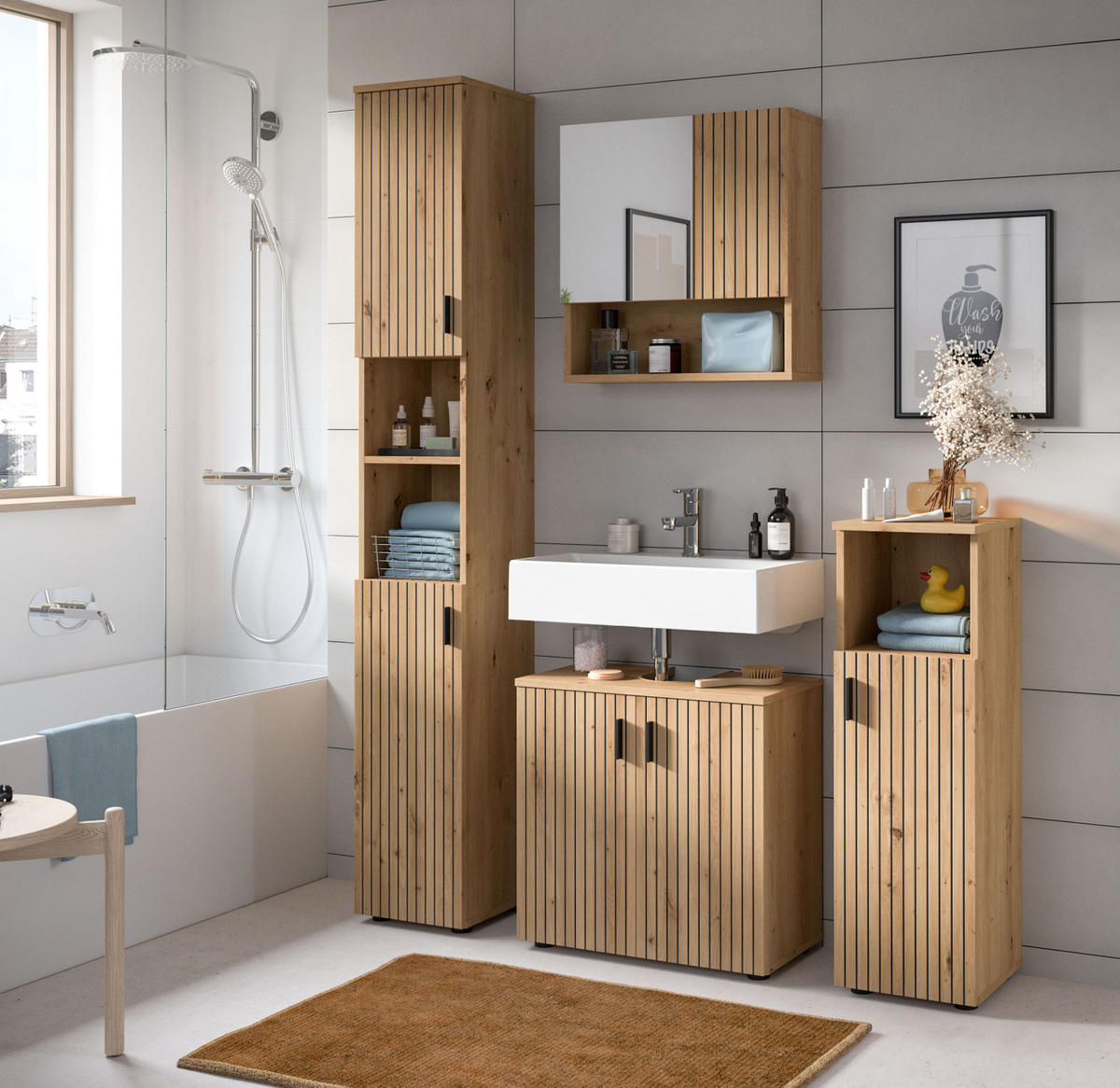 BADMÖBEL-SET Eiche Artisan 4-teilig 150 cm, Badkombination mit viel Stauraum - Schwarz/Eiche Artisan, Glas/Holzwerkstoff (150/192/30cm) - Inn.Furn