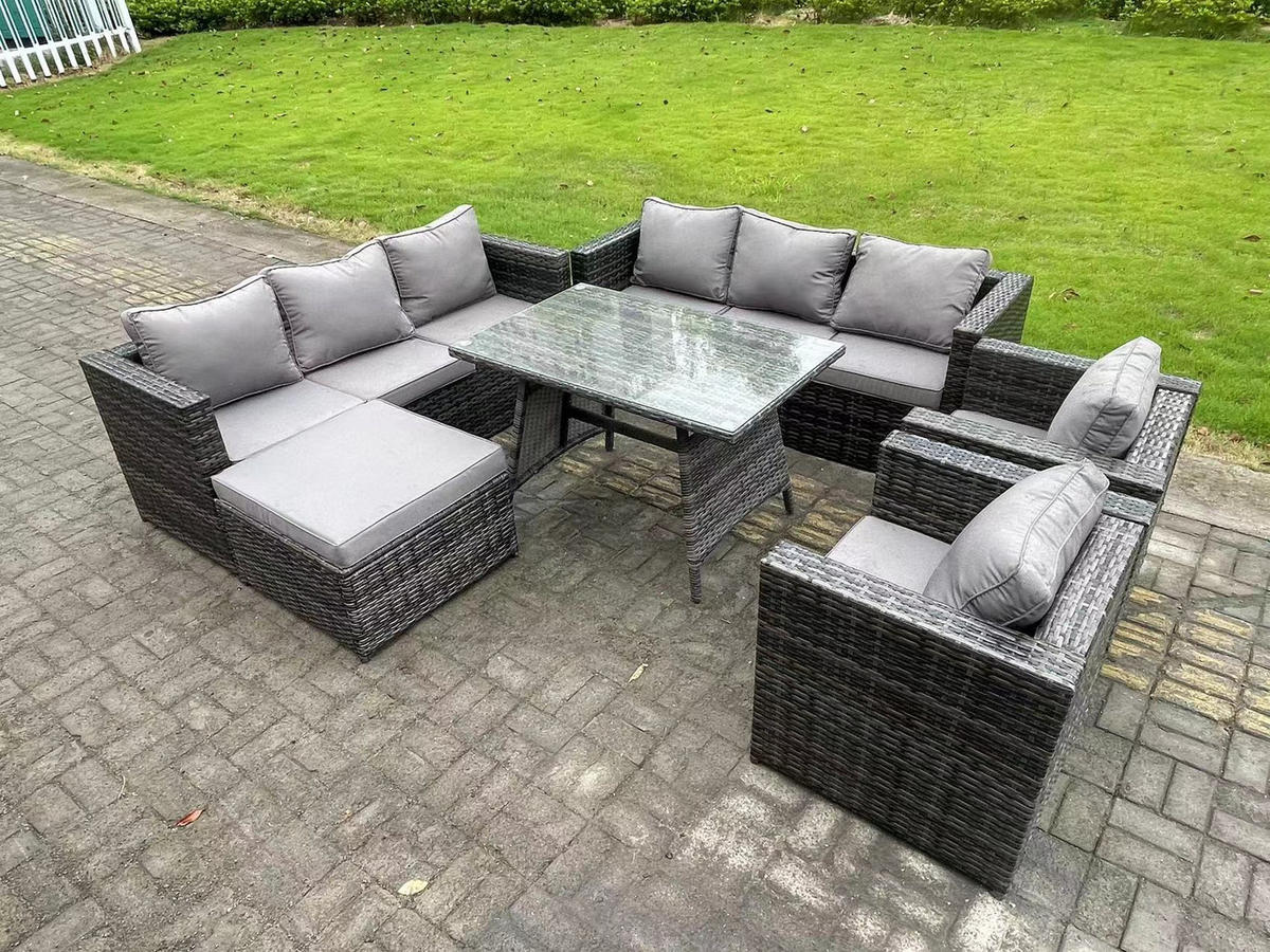 GARTENMÖBELSET mit Stuhl Esstisch 9-Sitzer Grau - Dunkelgrau/Grau, Glas/Kunststoff - Fimous