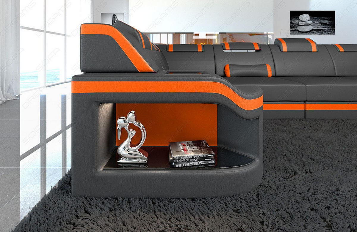 WOHNLANDSCHAFT Sofa Padua U Grau Orange Kunstleder - Grau, Textil (308/80/185cm)