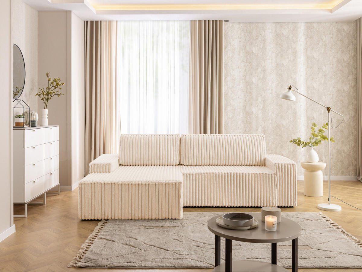 ECKSOFA Rivio mit Schlaffunktion und Bettkasten, Plüschcord Helbeige - Beige/Schwarz, Holz/Kunststoff (149/262cm) - S-Style