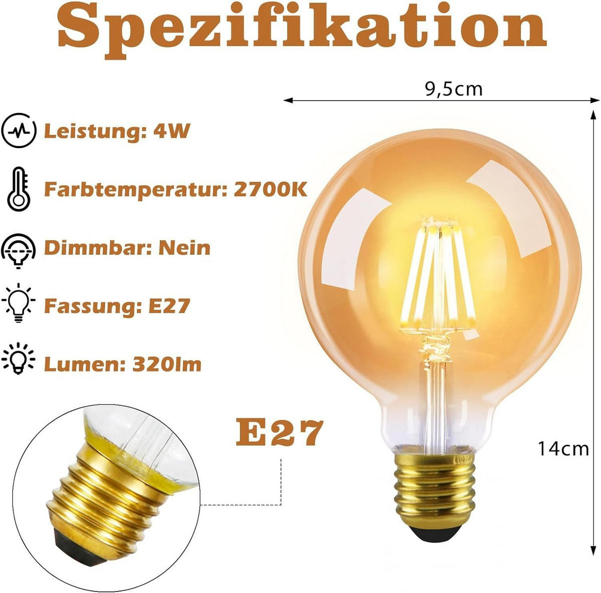 LED žárovky E27 4W (sada 6 ks) - průhledná, sklo (9.5/14cm) - Nettlife