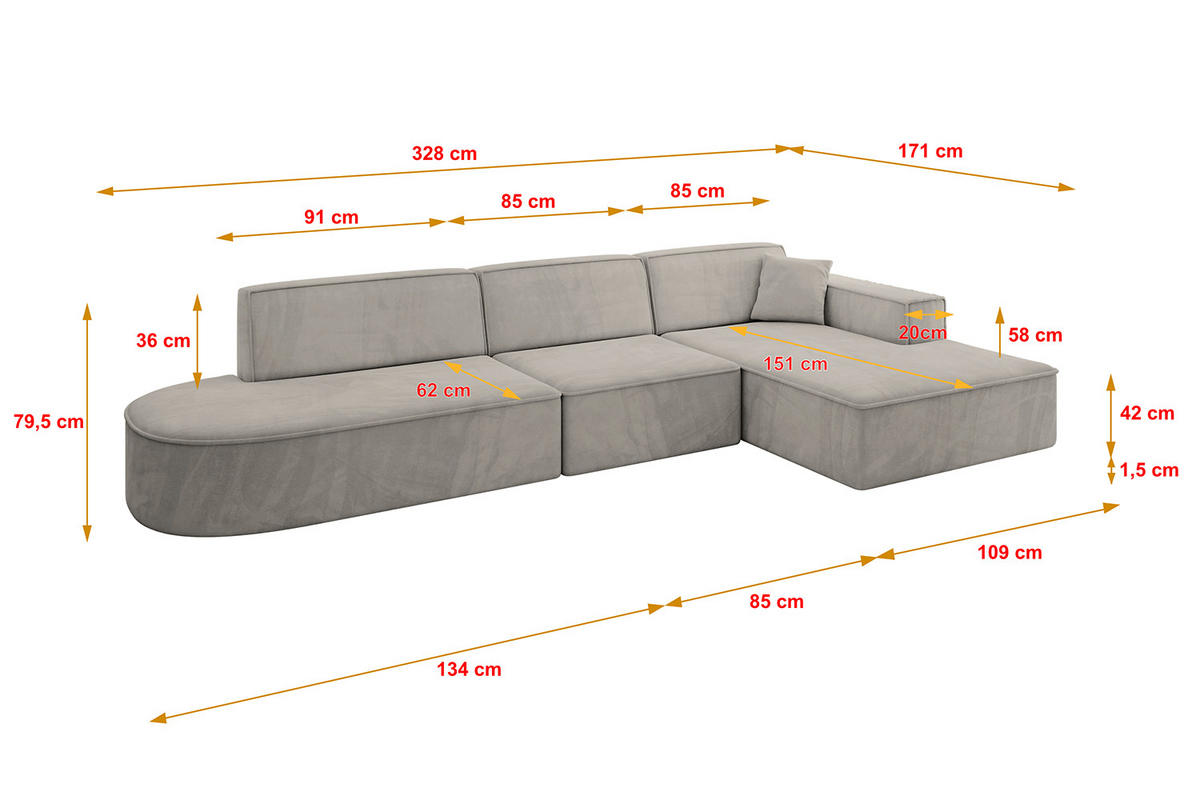 ECKSOFA Ottomane Rechts IREA-L2-v4 - 328x171x79 cm Hellbraun - Hellbraun, Holzwerkstoff/Textil (171/328cm) - ALTDECOR