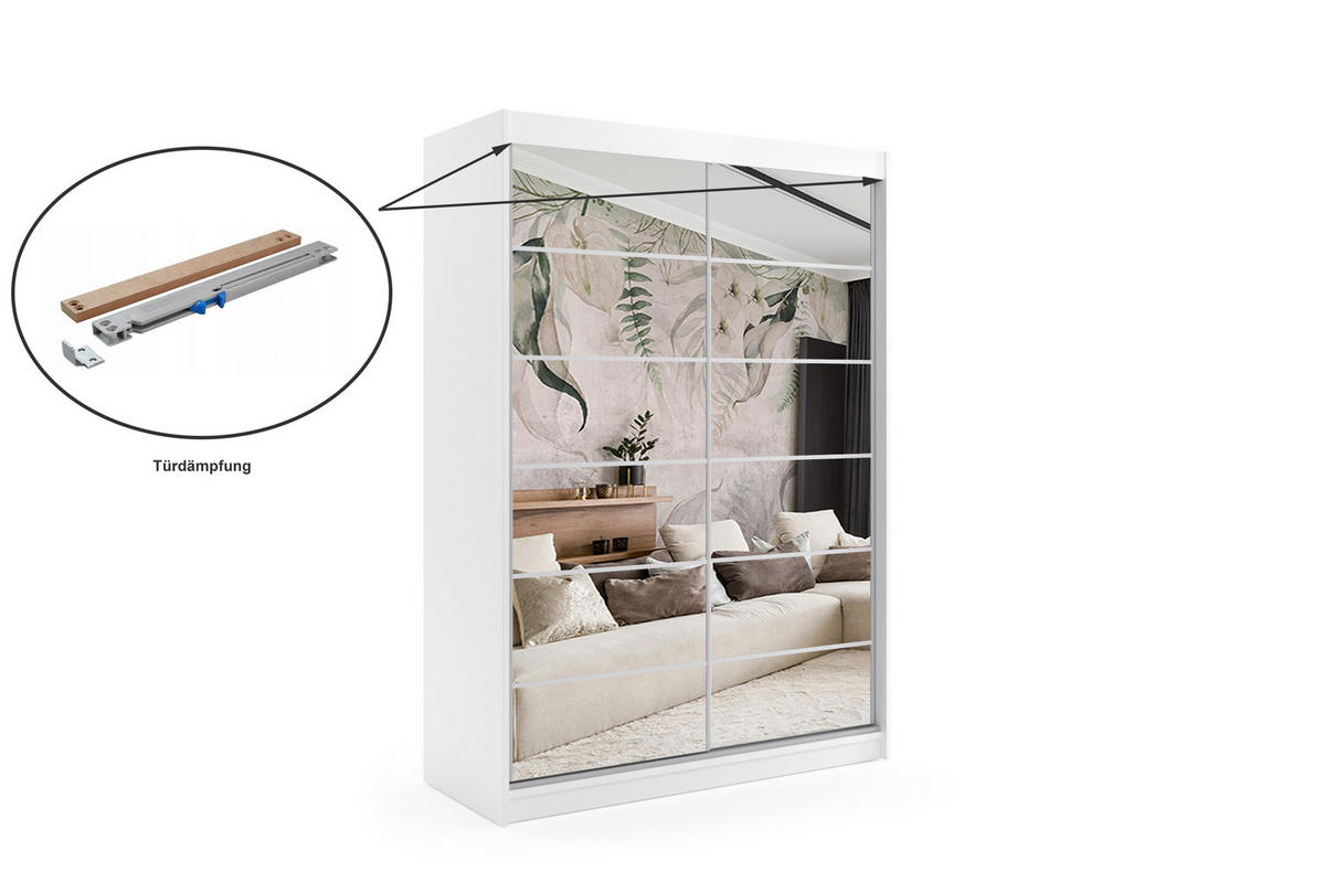 KLEIDERSCHRANK mit Spiegel-Schiebetüren und Aluminium-Leisten - FLORA - 150 cm Weiß - Weiß, Holzwerkstoff (150/216/61cm) - ALTDECOR