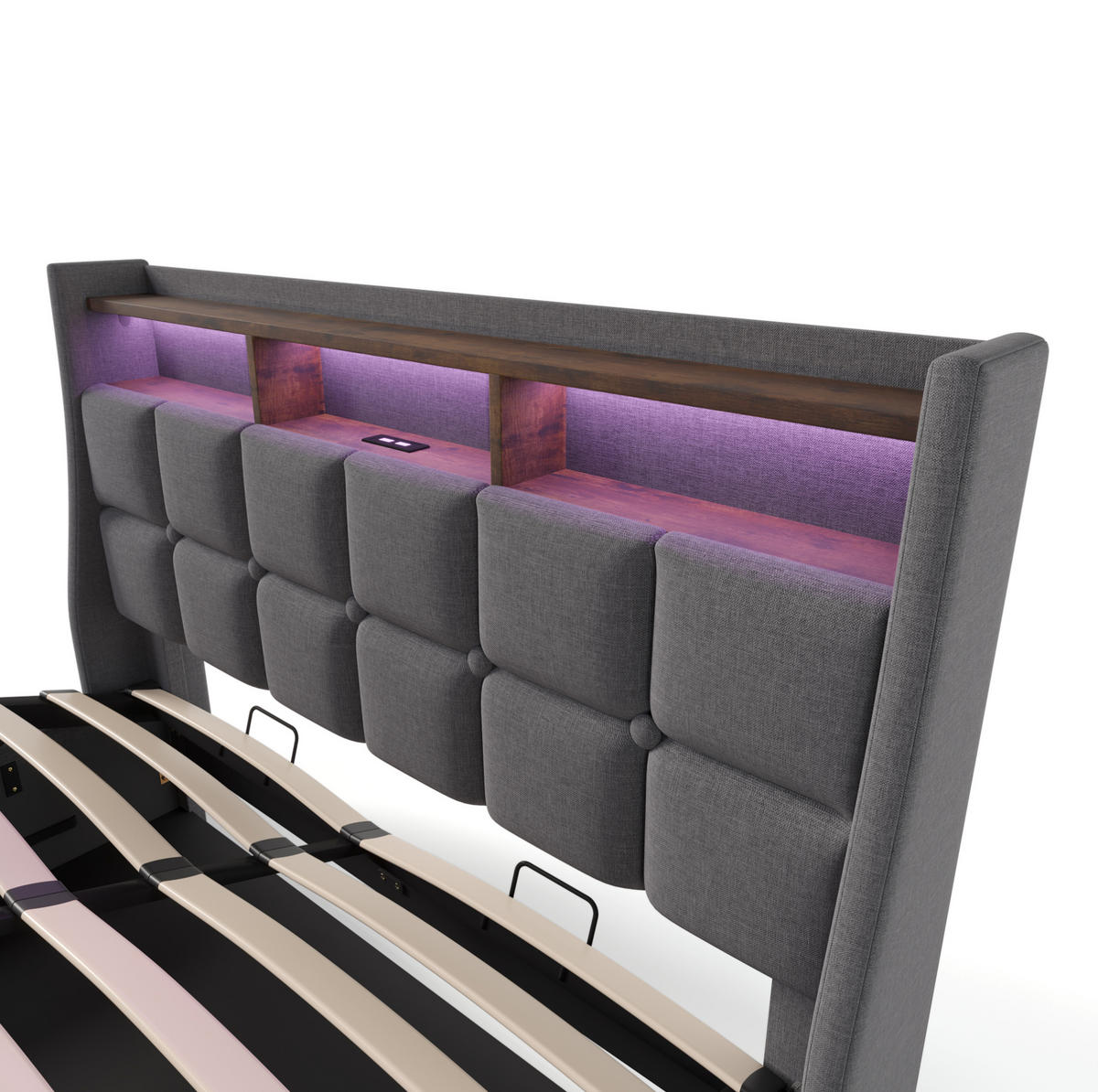 POLSTERBETT aus Leinenstoff 140x200 cm Grau mit LED-Beleuchtung, USB-Anschluss und Bettkasten - Grau, Textil (140/200cm) - IVMEU