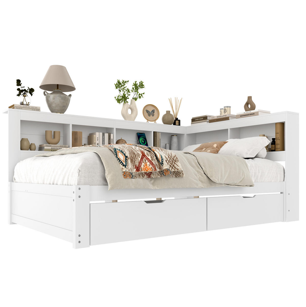 POLSTERBETT 140/200 cm mit 2 Schubladen, Ablagefächern, Steckdose und 2 USB-Anschlüssen, Weiß - Weiß, Holzwerkstoff (140/200cm) - Redom