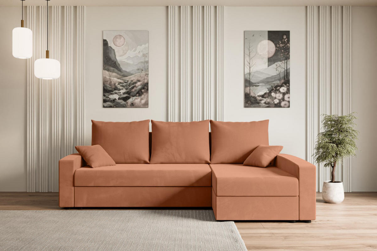 ECKSOFA mit Schlaffunktion und Bettkasten ALESIA-L 231x140x90 cm Koralle Velours - Koralle/Silberfarben, Holzwerkstoff/Kunststoff (231/140cm) - ALTDECOR