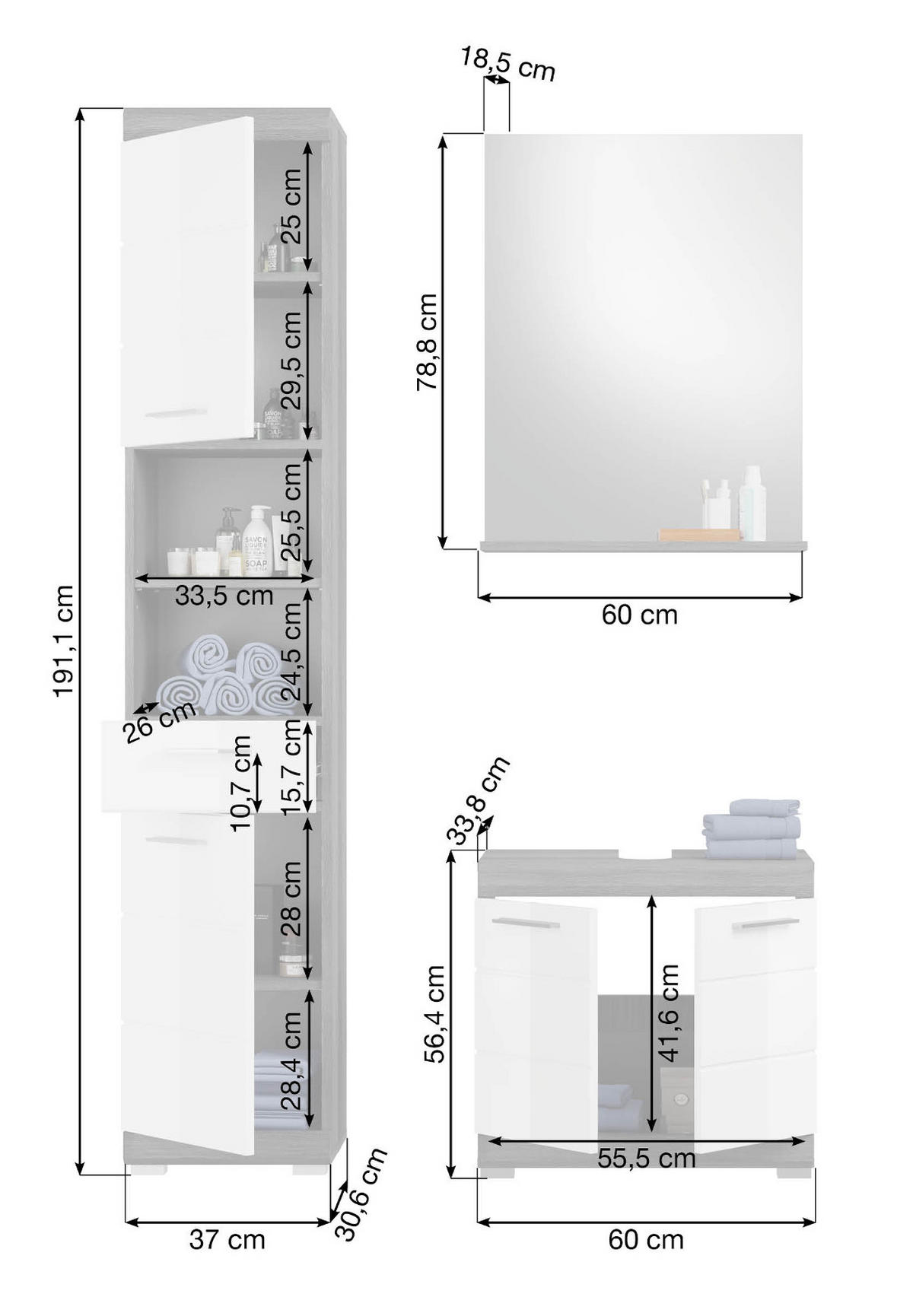 BADMÖBEL-SET weiß Hochglanz, grau 3-teilig 112 cm, Badkombination, 8 Fächer - Weiß Hochglanz/Grau, Glas/Holzwerkstoff (112/191/34cm) - Inn.Furn