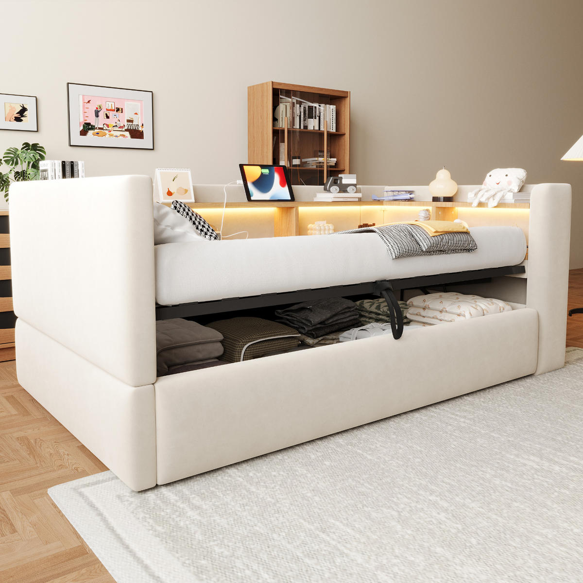 POLSTERBETT 90*190 cm mit Hydraulik, LED und Ablagen, Beige - Beige, Textil (90/190cm) - FLIEKS