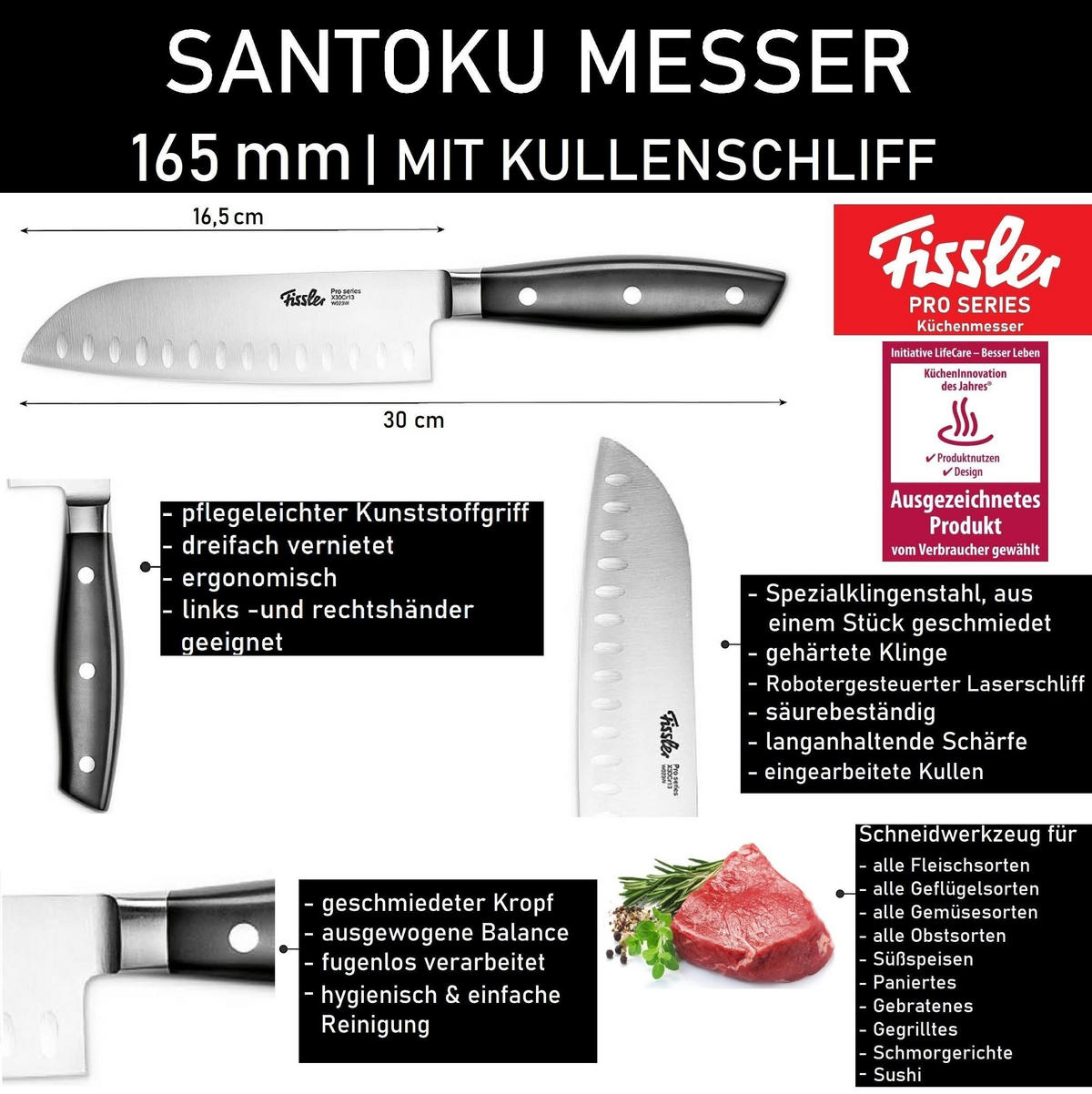 SANTOKUMESSER Profi 16,5cm Edelstahl Küchenmesser - Silberfarben, Kunststoff/Metall (30cm) - Fissler