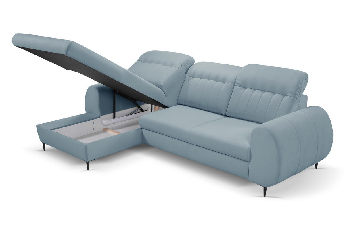 ECKSOFA PURO L-S Blau Plüsch-Stoff mit Schlaffunktion - Blau, Holz (275/166cm) - MASSENO