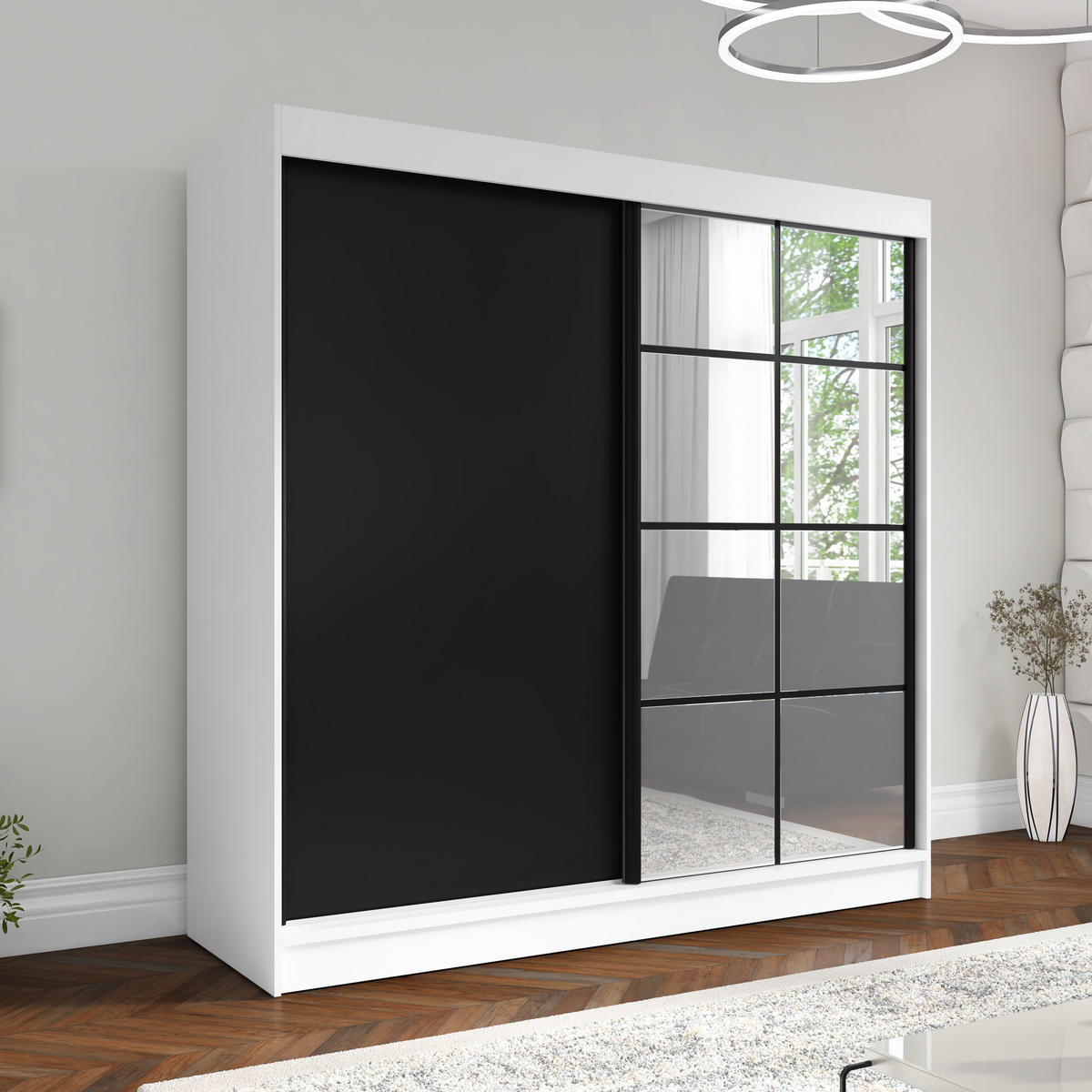 SCHWEBETÜRENSCHRANK 200 CM TAVIRO Farbe: Weiß / Schwarz - Schwarz/Weiß, Holzwerkstoff (200/215/60cm) - A&J MöbelLand