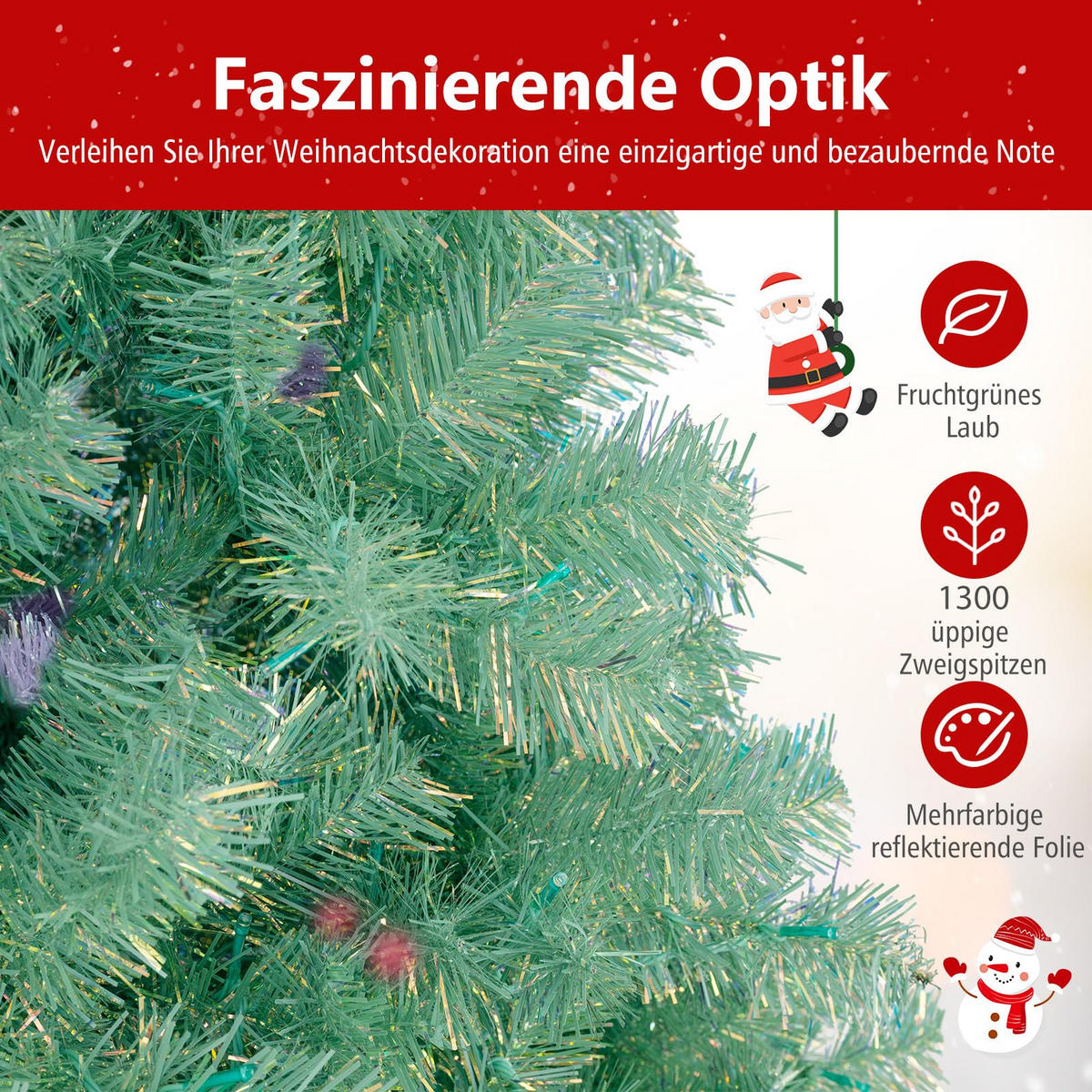 WEIHNACHTSBAUM Tannenform mit warmweißen LEDs 225 cm fruchtgrün - Grün, Metall (225cm) - COSTWAY