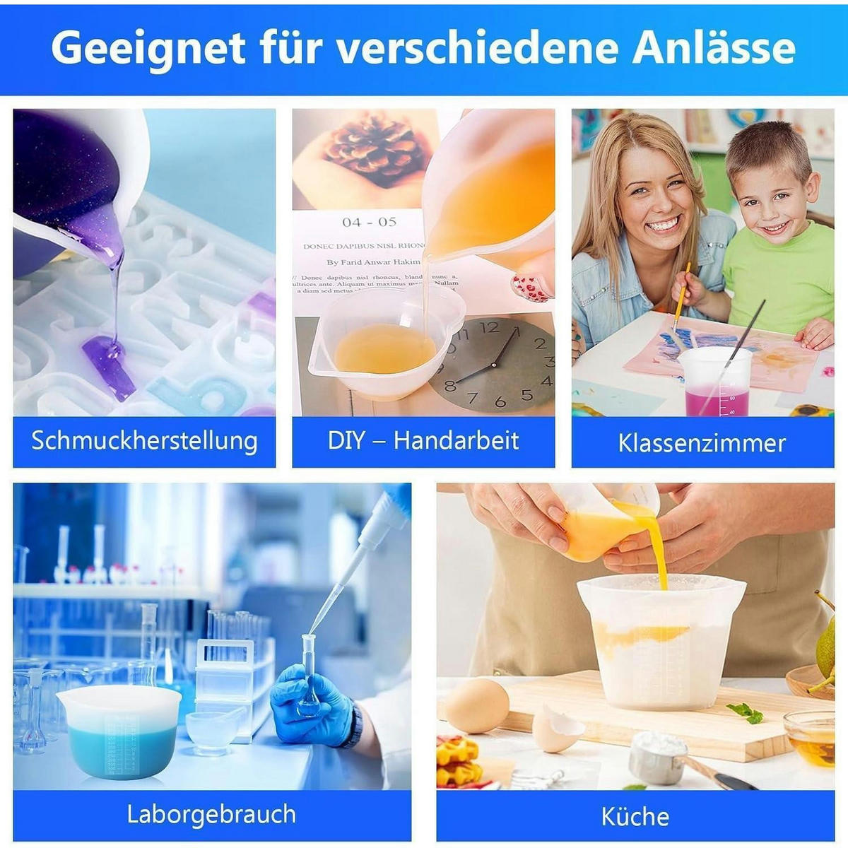MESSBECHER Set 4-teilig Silikon mit Zubehör - Blau, Kunststoff (1L)