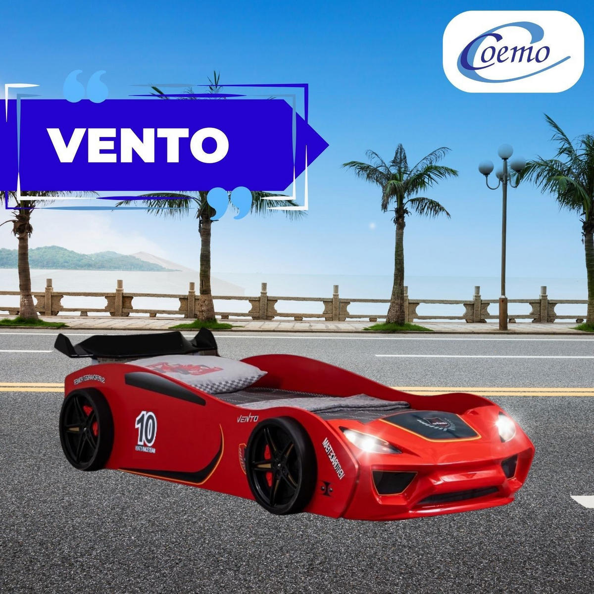 AUTOBETT VENTO Kinderbett in Rot mit Lattenrost - Rot, Holzwerkstoff (90/200cm) - Coemo