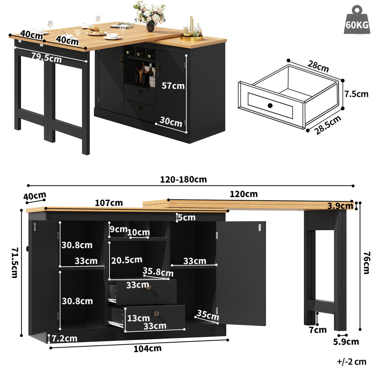 BAROVÝ stůl 120-180/40/76 cm s otočnou deskou, úložným prostorem a policí na víno, MDF, Černá/Přírodní - černá, kompozitní dřevo (40/180/76cm) - Redom
